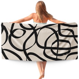 WAITPI Abstract Neutral Beach Towel, Minimalist Black and Beige Line Beach Towels Oversized Gifts for Women Girls, Abstract Quick Dry Travel Sand Free Towel Decor for Bathroom Swimming Pool 30x60in