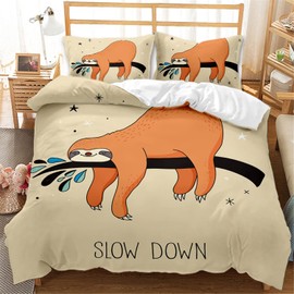 Eveone Cartoon Sloth Duvet Cover Small Animal Quilt Cover Single/Double/Queen/King Size Bed Sheets Pillowcase Set Cute Full of Childlike Chic for Girls Kids Bedding 2/3/4PCS (Single-140*210cm-3pcs,3)