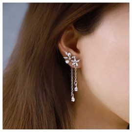 Cimenexe Bohemian Crystal Flower Stud Earrings Silver CZ Tassel Drop Earrings Crystal Flower Climber Earrings Rhinestone Ear Crawler Earrings Jewellery for Women and Girls Gifts