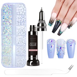 Makartt Nail AB Rhinestones With Gel Nail Glue For Gems 8ML & Half-Round Pearl & Rhinestone Picker Tweezers Strong Adhesive Nail Gems Glue Diamond Art Nail Charms Design Accessories Jewels Decoration