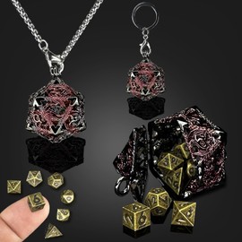 HAOMEJA Mini DND Dice Metal 7pcs Set Tiny Small Polyhedral D&D Dice Set with Hollow D20 Necklace & Keychain Portable & Dragon Eye Bag Apply to Dungeons and Dragons Dice (Red & Mini Bronze)…