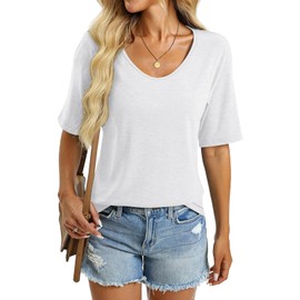 EasyGala Women's V Neck T Shirts Elbow Length Tee Shirts Loose Fitting Tops Cute Summer Trendy Tops (Half Sleeve) A White X-Large