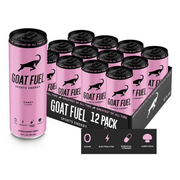 GOAT Fuel® Preworkout Sports Energy Drink - Sugar-Free Pre Workout Healthy Energy Drink - Increase Mental and Physical Performance - with Cordyceps Mushroom, BCAAs and Electrolytes 12 Pack Pink Candy