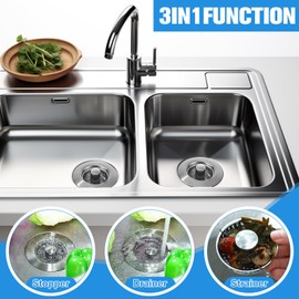 Reallnaive 4 Pack 3 in 1 Kitchen Sink Drain Strainer 304 Stainless Steel Pop Up Sink Stopper Anti Blocking Anti Rust Odor Prevention for US Standard 3-1/2 Inch Drain, Silver