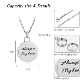 XSMZB Round Memorial Cremation Jewelry for Ashes Always in My Heart Keepsake Ashes Necklace of Loved One Funeral Cremation Pendants(Silver)