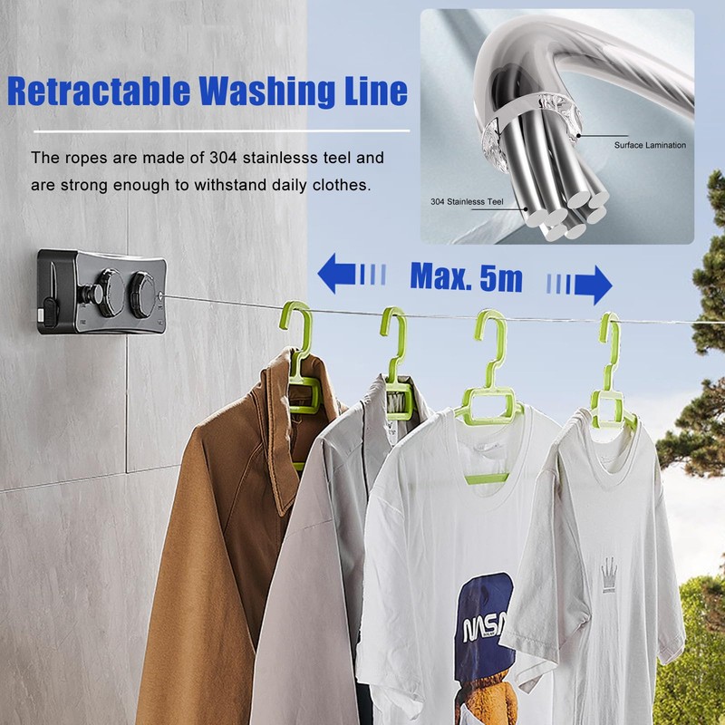 QHENS Clothes Line Balcony Extendable Wall Mounting, 2 x 5