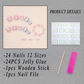 ROFIBUT French Press on Toenails Short Square Fake Toenails Glitter False Toenails Glossy Full Cover Acrylic Toenails with Rhinestones Design Glitter Powder Toe Nails for Women Girls Manicure 24Pcs