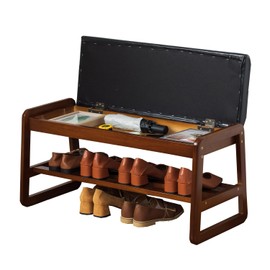 latifolia Shoe Bench, Solid Wood Shoe Bench with Cushion, flip-Open Storage Shoe Bench, 2 Tier Shoe Rack Bench for Entryway, Hallway, Living Room(Black,31.50''L)