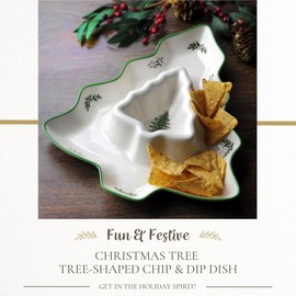 Spode Christmas Tree Chip and Dip Tree-Shaped Dish - 13-Inch Porcelain Holiday Serveware for Appetizers, Chips - Festive Ceramic Tableware - Dishwasher, Microwave, Freezer Safe