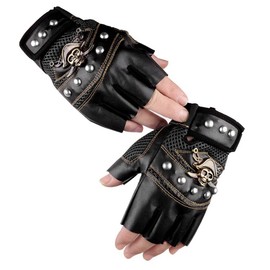 Faxianther Men Women Cool Skull Rivets PU Leather Half Finger Gloves Breathable Mesh Anti-Slip Cycling Riding Driving Motorcycle Biker Gloves Mittens