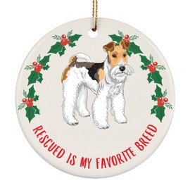 Funny Wire Hair Fox Terrier Clipart Dog Gifts 2024 Christmas Tree Ornaments Rescued is My Favorite Breed Ceramic Circle