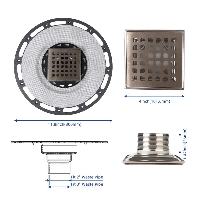 4-Inch Square Shower Drain with Bonding Flange - Durable Stainless