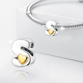 PARCOM S925 Sterling Silver Charms for Bracelets and Necklaces,Letter Charms A-Z for Bracelet Necklace with Golden Heart Initial Beads Pendant Jewelry Bracelets for Women Birthday Ceremony Christmas