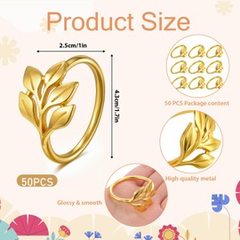 Leaf Napkin Rings Set of 50 Metal Gold Napkin Holder Stylish Fall Napkins Ring Bulk Handicraft Flower Napkins Rings for Family Dinner Wedding Birthday Christmas Thanksgiving Elegant Table Setting-Gold