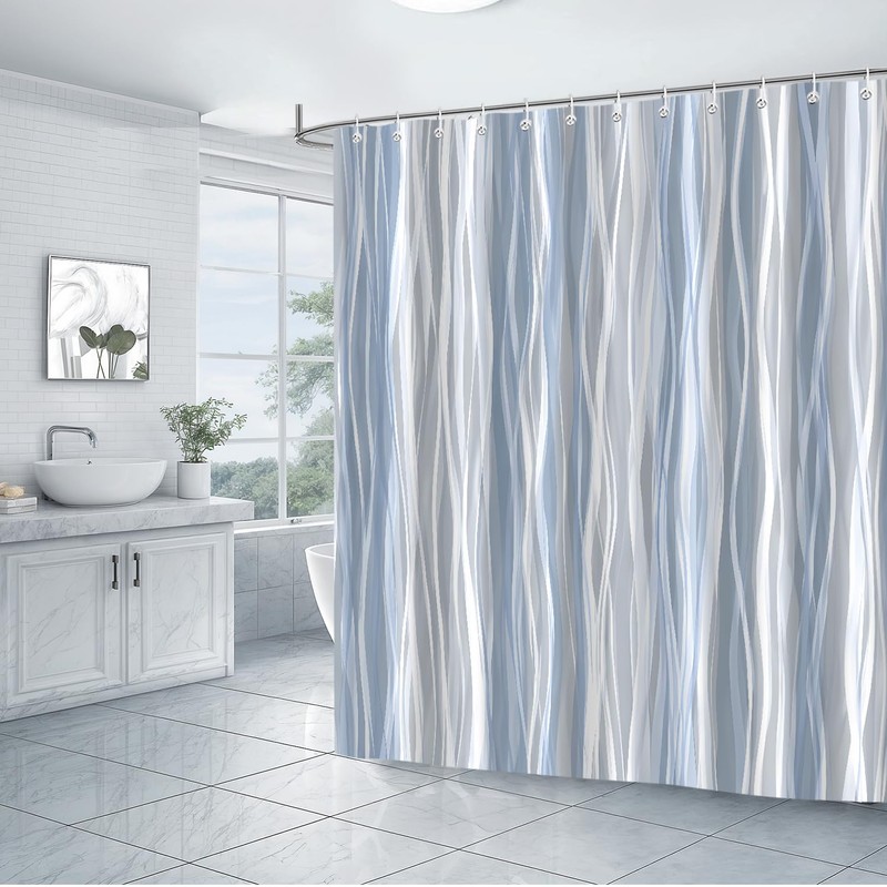 Moonslim Blue Grey Ombre Shower Curtain, Modern Wavy Abstract Striped