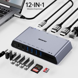BENFEI 12-in-1 USB 3.0 USB-C Docking Station with Dual HDMI Display/6*USB Ports/SD/TF Card Reader/1Gbps Gigabit Ethernet Network/3.5mm Female Headphone Jack Compatible with Windows and Mac
