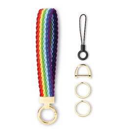 WEESMILE Keychain Wristlet, Stretchy Key Chain for Car Keys with 2 Keyrings and D ring, Cute Braided Wrist Bracelet for Women Men (Rainbow)