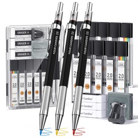 Four Candies 3PCS 2MM Mechanical Pencils with case, Artist Lead Pencil Metal Lead Holder with 120 Graphite Lead Refills(HB 2H 2B 4B Color), 4 Erasers, Sharpener, Drafting Pencil for Drawing, Sketching