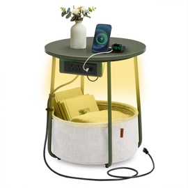 VASAGLE Side Table with Charging Station, Round End Table with Fabric Basket, LED Nightstand with Power Outlets, USB Ports, for Living Room, Bedroom, Modern, Forest Green and Cream White ULET227C01
