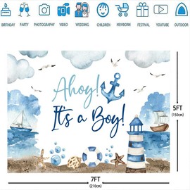 7x5ft Ahoy Nautical Boy Baby Shower Backdrop It's a Boy White Clouds Blue Marine Sea Lighthouse Ship Background Newborn Baby Gender Reveal Party Decor Banner Photo Booth Props