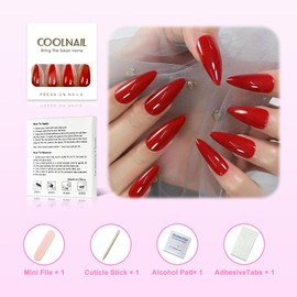 Coolnail Glossy Red Press on False Nails Medium Long Stiletto Fake Nails Salon Nail Art Tips for Daily DIY at home