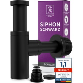 Siphon Black Matt for Sink, Premium Siphon Washbasin, Brass Walls, Odour Trap Including Seals and Cleaning Opening, 1 1/4 Inch, 60-140 mm Height, 330 mm Length M. ROSENFELD HOME