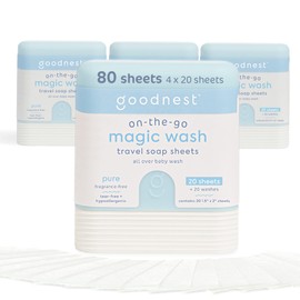Goodnest Baby Magic Wash, Dissolving Travel Soap Sheets, All-Over Cleaning On-the-Go with Tear-Free Baby Shampoo, Body & Hand Wash Paper Soap Sheets, Includes 4 Packs of 20 Sheets, 80 Total Washes