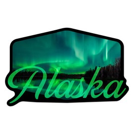 Die Cut Sticker Alaska, Northern Lights Over Lake, Contour Vinyl Sticker 3 to 6 inches, (Waterproof Decal for Cars, Water Bottles, Laptops, Coolers), Large