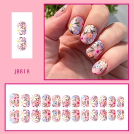 Flower Press on Nails Short Oval Fake Nails with Floral Designs Summer Neon Colorful False Nails Cute Rainbow Acrylic Nails Extra Short Glue on Nails Spring Daisy Stick on Nails for Women 24Pcs