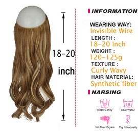 Ginger Brown Mix Bleach Blonde Hair Extensions Wavy Curly Synthetic Hair Piece Invisible Wire Adjustable Headband Long 20 Inch 4.4 Oz for Women Heat Friendly Fiber No Clip
