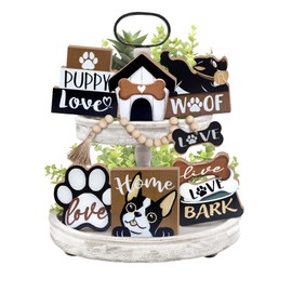 Guoofu Dog Tiered Tray Decor, Boston Terrier Puppy Love Paw Tray Decorations Set, Pet House Bone Wooden Signs Dog Lover Gifts, Live Love Bark Farmhouse Rustic Home Decor for Table Shelf Mantel Party