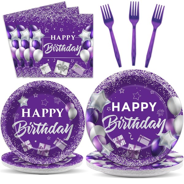 gisgfim 96 Pcs Purple Birthday Party Supplies Paper Plates Napkins
