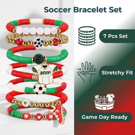 Set de 7 Pulseras de Fútbol, Deportes Elásticas Apilables, con Dijes y Balón, Colores Rojo, Verde y Blanco, para Fanáticos, Día del Partido Esenciales y Equipo del Equipo