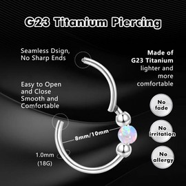 ESHIONER G23 Titanium Nose Piercing Ring Nose Ring Piercing Ear Septum Piercing Helix Ring Nostril Tragus Conch Clicker Lip Piercing 18G 8 mm / 10 mm Hypoallergenic White Blue Pink Opal Nose Rings for