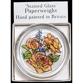 Decorative Hand Painted Stained Glass Paperweight in a Golden Roses Design