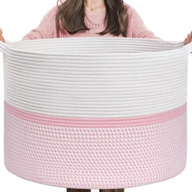 CHICVITA Extra Large Cotton Rope Woven Basket, XXL Throw Blanket Storage Basket with Handles, Pink Decorative Clothes Hamper - 22" x 22" x 14"