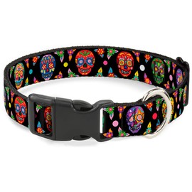 Buckle-Down Plastic Clip Collar - Colorful Calaveras Black/Multi Color - 1" Wide - Fits 11-17" Neck - Medium