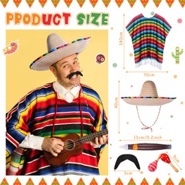 Unittype 6 Pcs México Costume Set Sombrero Hat México Poncho Mustache Maracas Outfit Fiesta Party Decorations(Classic)