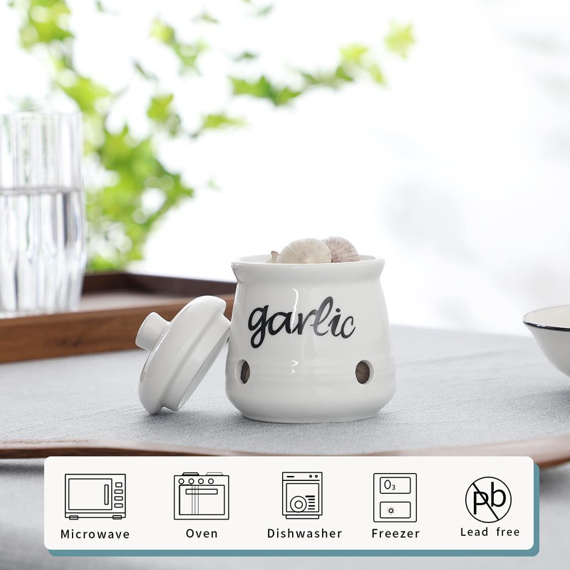 HAOTOP Garlic Keeper with Lid, Ceramic Mini Garlic Saver Container