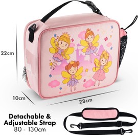 HeavenlyUnicorns Insulated Fairy Kids Lunch Bag for Girls Child with Bottle Holder, Carry Handle & Shoulder Strap, Kids Lunch Box Snack Box Thermal Tote Cooler Bag for School Picnic Outdoor or Work