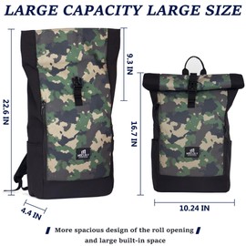 MOCLOLY Rolltop Backpack Women & Men, Laptop Backpack with Laptop Compartment, Waterproof Backpack for Travel, Casual, Camouflage