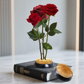 QWQKEFEUN Flower Frogs & Multi-Function Cleaning Brush Set - 4-Piece Combo (Gold Pins & Rubber Base)