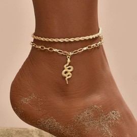 Prosy Double Layer Beach Snake Anklets Gold Ankle Bracelet Summer Foot Jewelry Accessories for Women and Girls