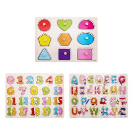 Set of 3 Toddler Puzzles Wooden Peg Puzzles for Toddlers Kids - Numbers, Alphabet and Objects Sorter Sorting Puzzle Educational Knob Puzzles Playset Toy by DesignerBox (Style 2)