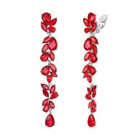 EVER FAITH Wedding Rhinestone Crystal Chandelier Clip-on Earrings for Women Brides, Art Deco Marquise Teardrop Bridal Long Drop Earring for Prom Red Silver-Tone