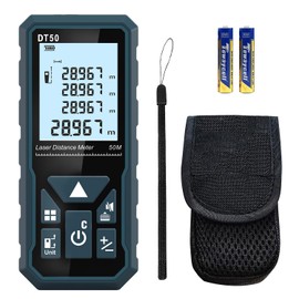 Laser Distance Meter 50m, DT50 Laser Measure 165ft with Portable Handle Digital Measure Tool Range Finder 4-Line Backlit Large LCD Display IP54 Shockproof