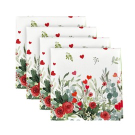 Horaldaily Valentine Cloth Napkins 18 x 18 Inch, Floral Rose Leaves Party Dinner Decoration Washable Napkins Set of 4