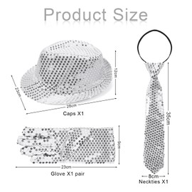 Meleager 70s Disco Carnival Outfit Men's Accessories 3 Pieces Sequin Hat Sliver Set with Glitter Tie and Mitten Men for Fancy Dress Party, Jazz Dance Performence