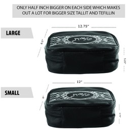 Tallit and Tefillin Faux Leather Prayer Travel Tote Bag Rain Proof Carry Handle And shoulder strap (Black and Black Embroidery, Large 12.5X8.5X5.25 inches)