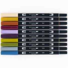 Tombow 56185 Rotuladores artísticos de doble pincel, brillantes, paquete de 10. Marcadores de punta fina y pincel mezclables, Muted